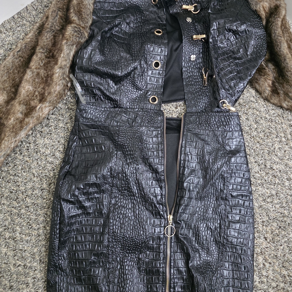 Misa Los Angeles Black Croc-Embossed Leather Dress with Gold Hardware